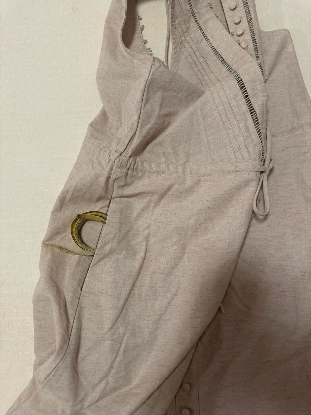 Unique Sleeveless V-Neck Oatmeal Linen Maxi Dress with Button Front - Picture 6 of 8